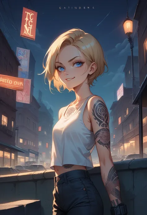 young girl short hair, blond hair, high faux hawk haircut, blue eyes, tattoed arm with thunders, black thunder tattoos, tank top white shirt, black letter pants, on a city, in one storm, night, thunders in the sky,   provocative smirk, sultry look, seducti...