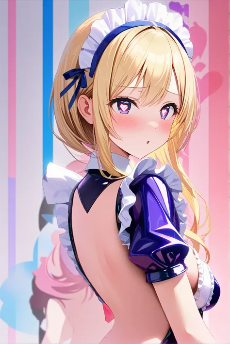 masterpiece, best quality, 1girl,blonde hair,Sui, (finely detailed heart shaped pupils and detailed face),,half body shot,lovestruck,extremely detailed CG unity 8k wallpaper,solo,(latex maid costume:0.9),glamour body,