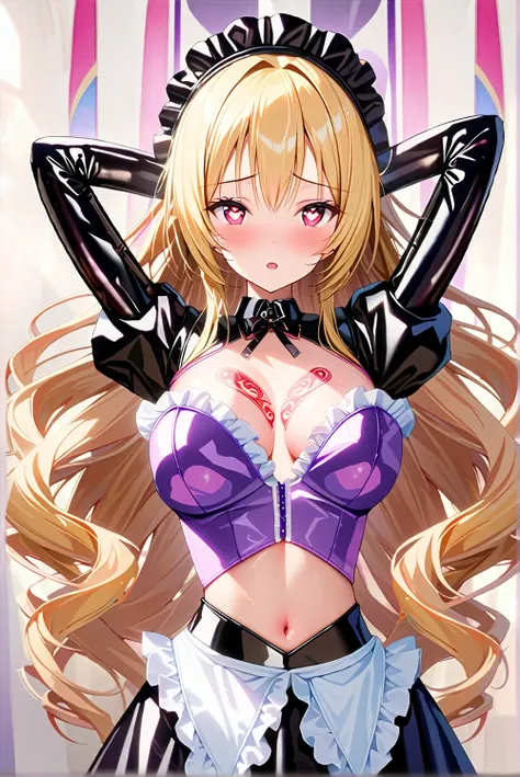 masterpiece, best quality, 1girl,blonde hair,Sui, (finely detailed heart shaped pupils and detailed face),,half body shot,lovestruck,extremely detailed CG unity 8k wallpaper,solo,(latex maid costume:0.9),glamour body,