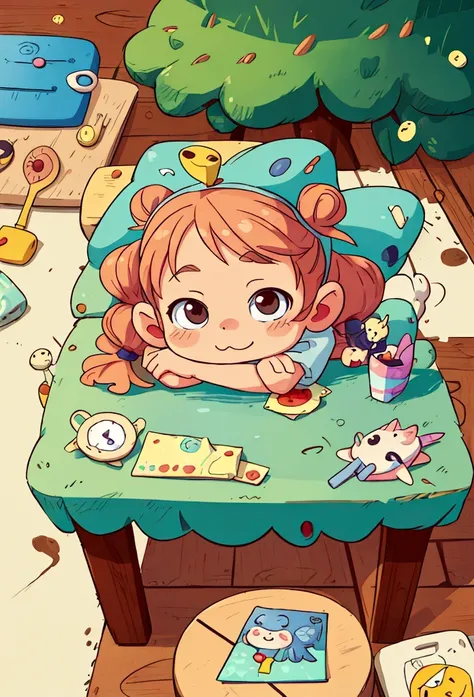 there is a  that is sitting at a table with a bunch of stuff, cute cartoon character, cute digital art, realistic cute girl painting, cartoonish cute, cute detailed digital art, cute art style, adorable digital painting, cute cartoon, cute kawaii girl, cut...