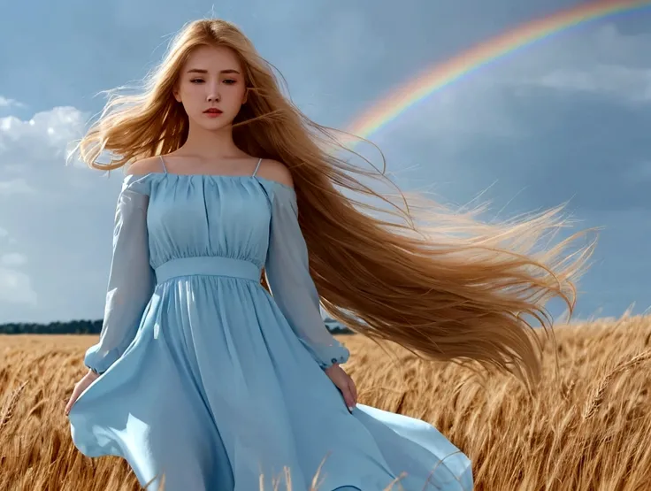 sunny, rainy sky. . . . . . . . . . . . . . .
Sunny but raining, a 20-year-old woman in a (pale blue dress)) is standing in a wheat field. A rainbow is visible behind her, and her (blond) hair is blowing in the wind. Windblown hair, golden hair blowing in ...