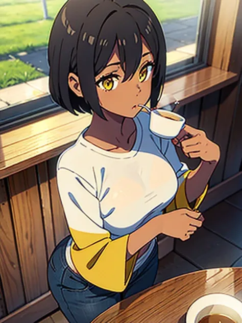 masterpiece, best quality, dark skin, short hair, yellow eyes, black hair, beautiful girl, thin, full body, plan boobs, short boobs, small , big butt, wide thigh, casual clothes, drinkin bobba tea