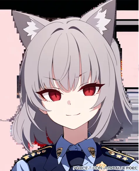 1girl,Fox Girl,Slit eyes,Silver Hair,Red eyes,long trimmed hair,high school girl,Police uniform,Character portrait,Mobile Task Force Equipment,Suspicious Smile,A faint smile,full Art,Artwork style,Full body portrait,No background,Character Draft