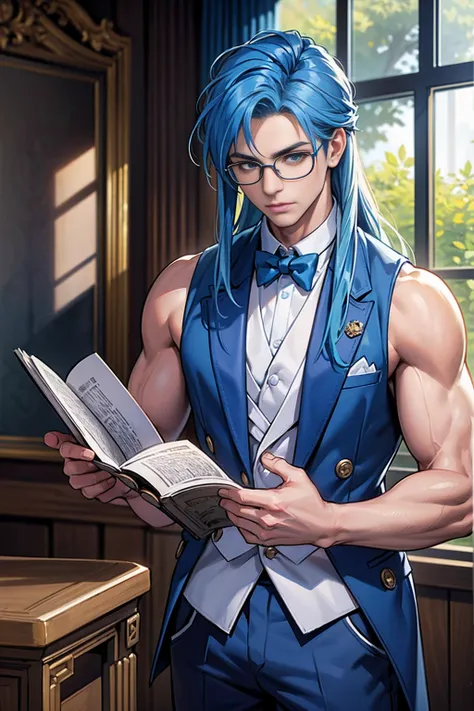 realistic, masterpiece, intricate details, detailed background, depth of field, muscular, Photo of a handsome American magician,american man, 25 years old,Wear a white sleeveless jacket with blue stripes.,Wear Blue shorts,Water spell,Blue Hair Color,Bro Fl...