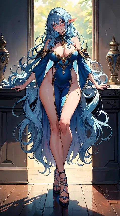 handsome mature woman，Long wavy BLUE hair，Hyperresolution，accuracy，Detailed rendering，（Subtle facial image）（Image of fine hair）（topquality）（Masterpieces of masters）（High degree of completeness）（A sense of atmosphere）tmasterpiece，Super detailed and super de...