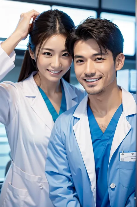 Male dentist and female dental hygienist　２people　A good business partner　日本people系　Wearing a lab coat　Wearing medical scrubs　Upper body close-up　high resolution　high resolution　highest quality