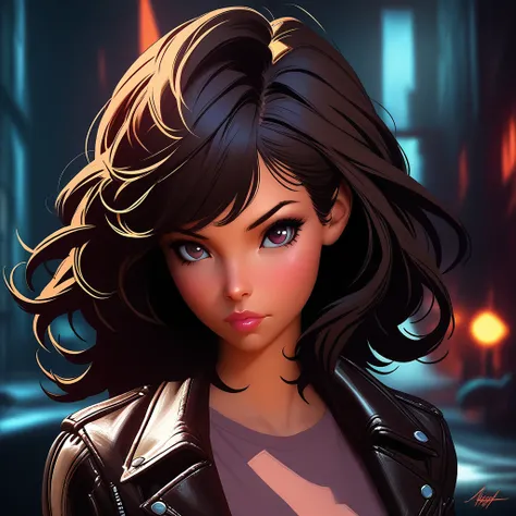 A confident young woman，Firm eyes，Wears short shoulder-length hair，Wearing a leather jacket，Ilya Kuvshinov style，close up，Emotional，Concept Art，trending on artstation