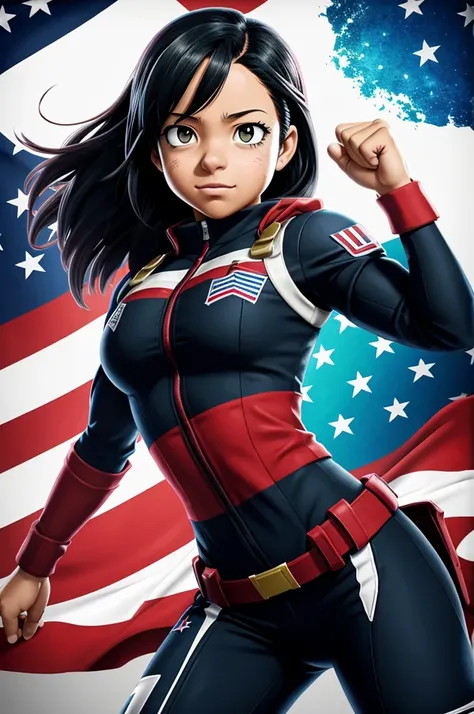 Fondo My hero academia 
Chica rizada cabello negro, serious expression. Ojos color lila y brillantes. Usa el uniforme de la UA