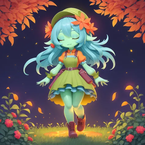 A blue-green skinned Alraune monster girl with maroon flower bulbs and orange leaves on their head eyes closed and dressed in a gardeners outfit in the garden at night