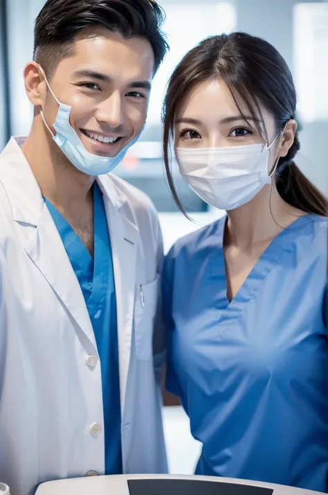 Male dentist and female dental hygienist　２people　A good business partner　No mask　日本people系　Wearing a lab coat　Wearing medical scrubs　Upper body close-up　high resolution　high resolution　highest quality　smile　front　Upper body close-up