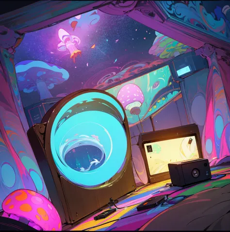 A man lying on a bed in a bedroom, with a TV, a large psychedelic mushroom, and a dimensional portal. The scene is quite complex.