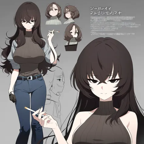 one woman,downer,older sister,concept art,dark brown hair,straight hair with slight inward curls,staring eyes,eye ridge,black ey...