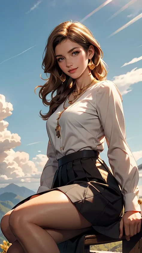 white long sleeve button up blouse_brown pleated uper long brown hair,Hair with loose waves insid、gold necklace＿Large earrings、shy smile、sitting with her back to the top of the mountain_with blue sky and white clouds，rays of sunshine