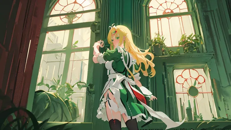 A cartoon depiction of a blonde anime girl with large breasts, wearing a green maid outfit and stockings, standing in a room with a window. She has her hand on the door frame and is looking over her shoulder at the viewer. Her buttocks are visible from beh...