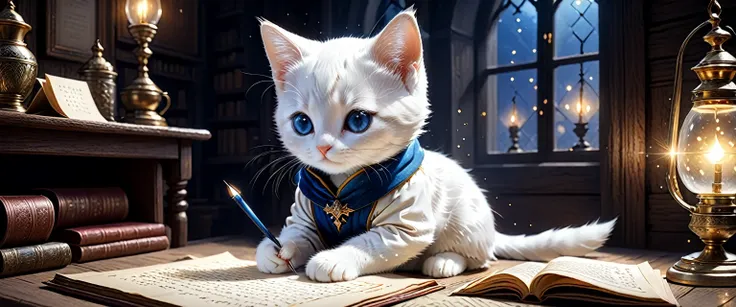 C4tt4stic、The historical background is medieval Europe、Wearing luxurious robes、The area is surrounded by tiny particles of light.、Illustration of a small and cute creature、A cute creature is writing a letter alone in his room at home、Fantasy art、Exquisite ...