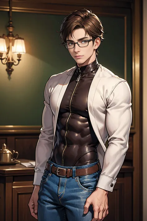 realistic, masterpiece, intricate details, detailed background, depth of field, muscular, Photo of a handsome American magician,american man, 25 years old,Wear an unzipped brown long-sleeved jacket with a white round-neck shirt underneath.,Wear tight jeans...