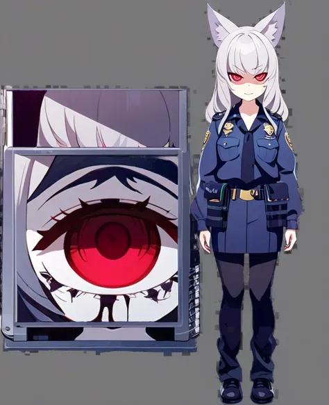 1girl,Fox Girl,Slit eyes,Silver Hair,Red eyes,long trimmed hair,high school girl,Police uniform,Character portrait,Mobile Task Force Equipment,A faint smile,Suspicious Smile,full Art,Artwork style,Full body painting,No background,Drawn down to the toes