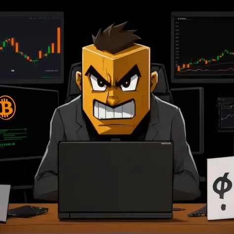 cartoon of a man sitting at a desk with a laptop and a bitcoin sign, 🚀🚀🚀, angry 8 k, 🔞🤡, menacing, bitcoin evil, menacing!, newgrounds, art depicting control freak, menacing look, crypto, looking menacing, youtube thumbnail, typical cryptocurrency nerd, bl...