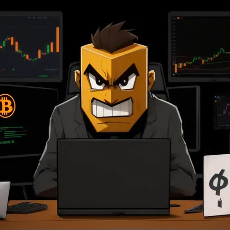 cartoon of a man sitting at a desk with a laptop and a bitcoin sign, 🚀🚀🚀, angry 8 k, 🔞🤡, menacing, bitcoin evil, menacing!, newgrounds, art depicting control freak, menacing look, crypto, looking menacing, youtube thumbnail, typical cryptocurrency nerd, bl...