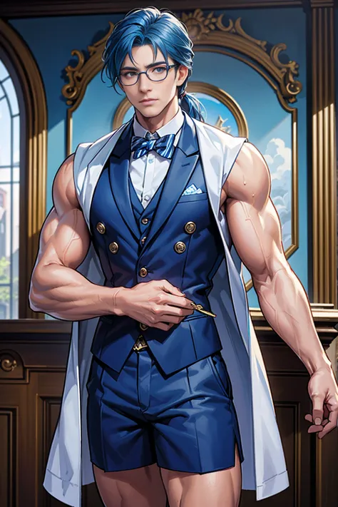 realistic, masterpiece, intricate details, detailed background, depth of field, muscular, Photo of a handsome American magician,american man, 25 years old,Wear a white sleeveless jacket with blue stripes.,Wear Blue shorts,Water element spell,Blue Hair Colo...