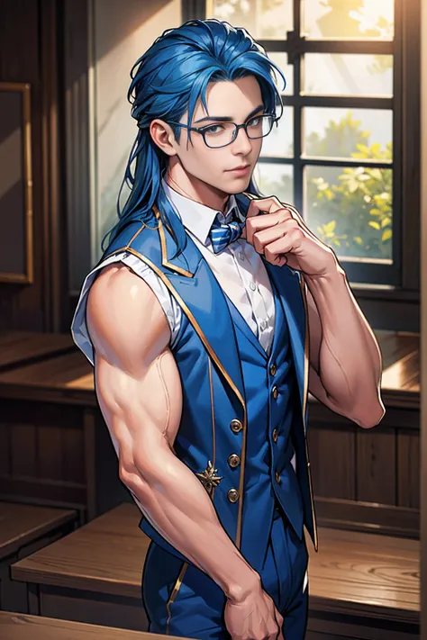 realistic, masterpiece, intricate details, detailed background, depth of field, muscular, Photo of a handsome American magician,american man, 25 years old,Wear a white sleeveless jacket with blue stripes.,Wear Blue shorts,Water element spell,Blue Hair Colo...