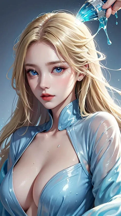 Beautiful female model with blonde hair, Hair with slight highlights, Gray-blue eyes, Medium mix, Wet paint, Gem beetle, Colored background, The color of the liquid flowing down her face., Photographed by Jinna Chan.. - At six p.m.&#39;clock,Big tits,body,...