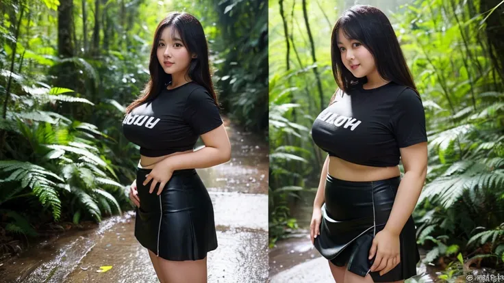 Lookbook chubby asian girl with big boobs in black wet tight t-shirt and short skirt portrait standing in the forest while heavy raining