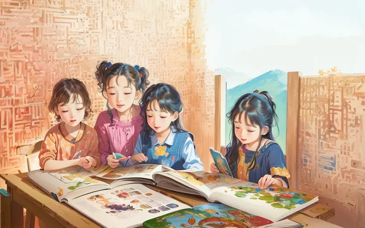 painting of a family sitting at a table with a book, childrenbook illustration, children book illustration, children’s book illustration, childrens book illustration, by Helen Berman, colorful kids book illustration, a storybook illustration, kids book ill...