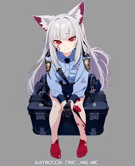 1girl,Fox Girl,Slit eyes,Silver Hair,Red eyes,long trimmed hair,high school girl,Police uniform,Character portrait,Mobile Task Force Equipment,A faint smile,Suspicious Smile,full Art,Artwork style,Full body painting,No background,Drawn down to the toes