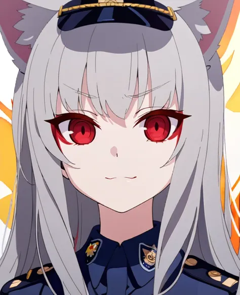 1girl,Fox Girl,Slit eyes,Silver Hair,Red eyes,long trimmed hair,high school girl,Police uniform,Character portrait,Mobile Task Force Equipment,A faint smile,Suspicious Smile,full Art,Artwork style,Full body painting,No background,Drawn down to the toes