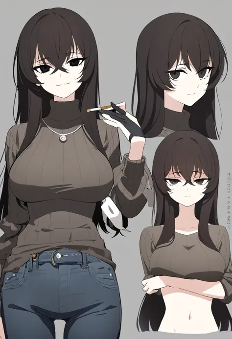 One Woman,Downer,older sister,Concept Art,Dark brown hair,Straight hair with slight inward curls,Staring eyes,Eye Ridge,black eye,Crossed bangs,whole body,smile,Larger breasts,Gray background,Bangs that reach down to the eyes,Messy hair,Perfect dark jeans,...