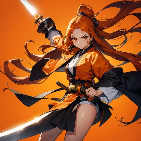 Dynamic composition、((Perspective Lens, Woman with long hair,  Dynamic poses with serious and mean expressions, Two hands brandishing a large, long Japanese sword )) ((Pure Orange Background:1.2)),Looks like she&#39;s in her early 20s,Shooting in mid-motio...