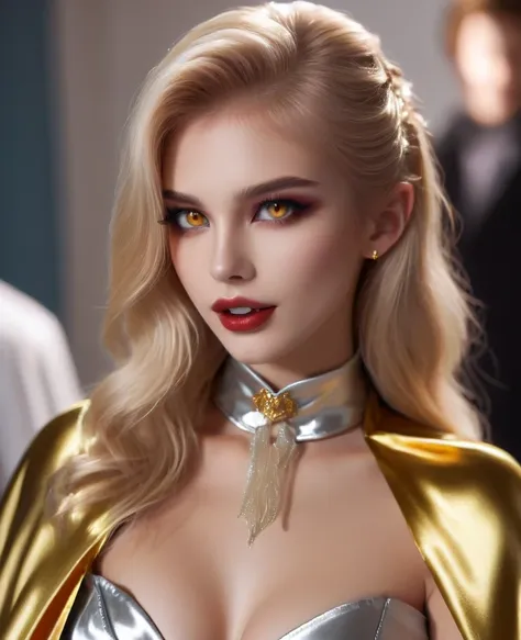 Vampyfangs1 , (RAW photo) , (detailed eyes:1.10) , (insane details), cute, 20 years old, long blonde hair in a high ponytail , ((((glossy silver and gold lined satin cape tied at the neck)))+++, ((naked:1.20))++ , sitting on a bed, masturbating, photo, rea...