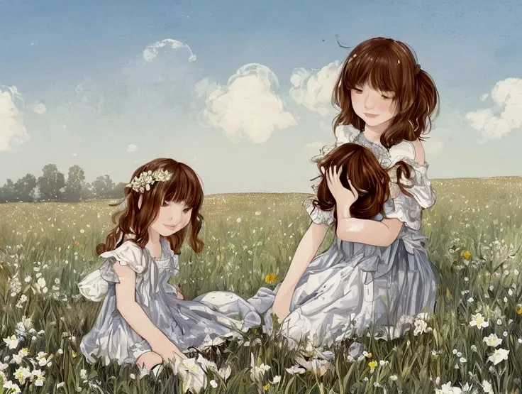 a small girl with brown hair, brown eyes, blue long-sleeved dress, sitting in a field of white flowers, pastel colors, style flat color minimalist illustration