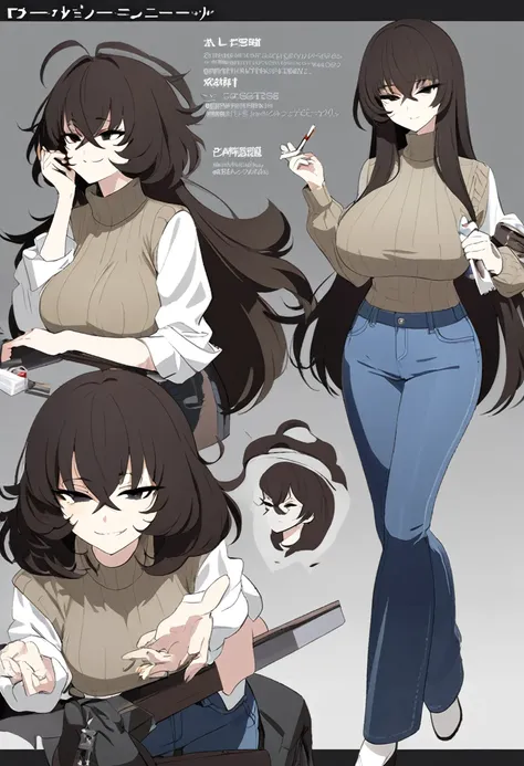 One Woman,Downer,older sister,Concept Art,Dark brown hair,Straight hair with slight inward curls,Staring eyes,Eye Ridge,black eye,Crossed bangs,whole body,smile,Larger breasts,Gray background,Bangs that reach down to the eyes,Messy hair,Perfect dark jeans,...