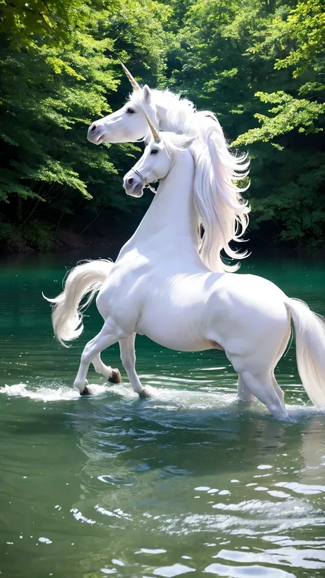 A pure white unicorn floats on the surface of a lake deep in the forest.、A virgin woman rides on the back of a unicorn