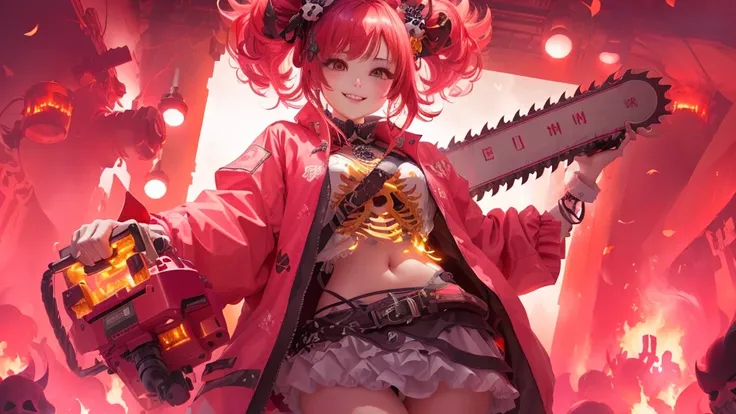 pretty girl、smile、In his left hand he is holding a microphone with a skeleton design.、In her right hand she holds a cutely decorated chainsaw、The atmosphere is of fire and red light dancing in the darkness against the backdrop of a hellish setting.、The cut...