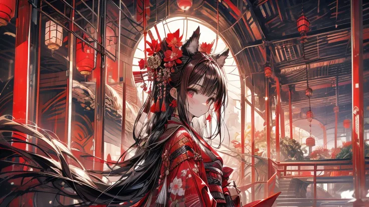 World of Crimson Red, A geisha-like girl in a red kimono, Very beautiful kimono, Large-scale murals, multi-level elements, Red Sky, Red Japan architecture, Red gradient, アニメ壁紙 cute赤いランタンガール, Highly detailed face, cute, In the style of a landscape environme...