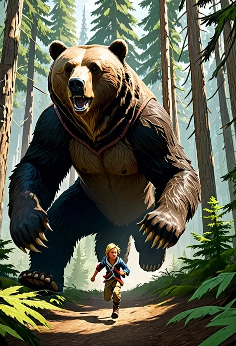 En la imagen, We see a young 10-year-old Edward Kenway running at full speed through a thick coniferous forest. His face reflects fear and determination as he is closely pursued by a towering brown bear.. The bear&#39;s dark, shiny fur contrasts with the d...