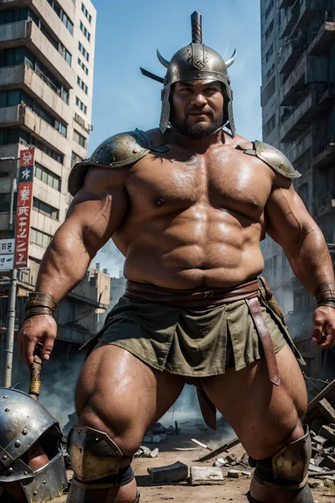 looking at us, shoot from front, face focus, Bandit, Fat ferocious barbarian:2, This barbarian is a robust stocky Japanese, smirking, mid combat, intense battle scene, leather and iron armor, armored short skirt, holding a Viking War Axes, viking helmet, l...