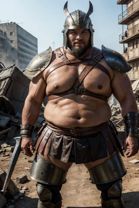 looking at us, shoot from front, face focus, Bandit, Fat ferocious barbarian:2, This barbarian is a robust stocky Japanese, smirking, mid combat, intense battle scene, leather and iron armor, armored short skirt, holding a Viking War Axes, viking helmet, l...