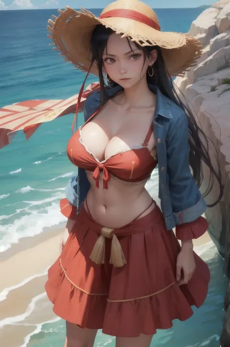 《Pirate King》Luffy is wearing a straw hat with a red ribbon,For the audience,Facing the sea,Surrealism,微lol,lol,whole body,8K,HDR,Natural Lighting,Unreal Engine,
(Detailed face and eyes:1.3),1 Girl,Huge breasts, Cleavage exposed,Ultra Detailed,(High resolu...