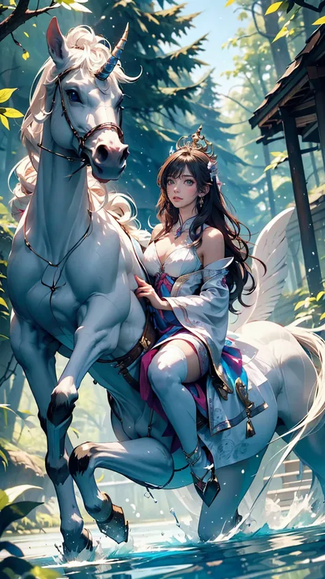 A pure white unicorn floats on the surface of a lake deep in the forest.、A virgin woman rides on the back of a unicorn