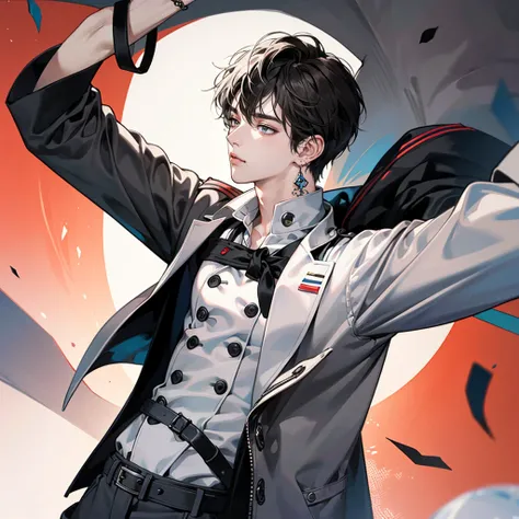 masterpiece, highest quality, Anime Style,Icon Style, 1 person, A quiet and attractive young man, Age 25,  Highly detailed face, ((Dark grey eyes)), ((Dark hair parted in the center、Short Hair)),, ((Double-breasted tailored jacket)),background:white、Droopy...