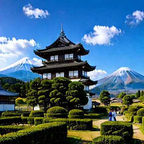 (masterpiece, best quality:1.2), 1girl, solo t, Feudal Japan, Mount Fuji, (Japanese garden exterior:1.1) background, dark mysterious lighting, shadows, magical atmosphere, dutch angle,