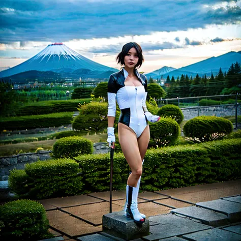 (masterpiece, best quality:1.2), 1girl, solo t, feudal japan, mount fuji, (japanese garden exterior:1.1) background, dark myster...