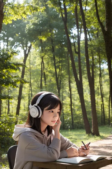 A girl studying with headphones in the forest