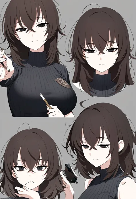 one woman,downer,older sister,concept art,dark brown hair,straight hair with slight inward curls,staring eyes,eye ridge,black ey...