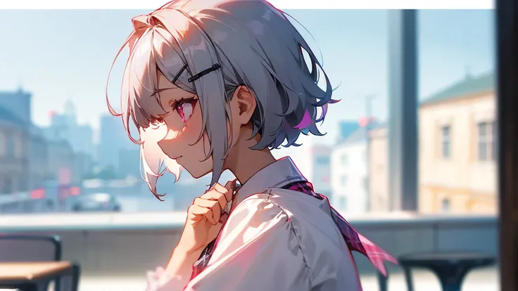 Silver short hair and bob hair、Hair tied with a hair clip..、Pink Eyes、white blouse shirt、Tartan Check Skirt、profile、Upper body close-up、A cafe terrace with sharp contours、Background Blur、Written boundary depth