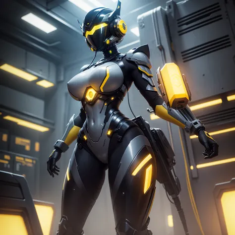 (masterpiece), (best quality), (high res) Solo, (perfect anatomy) Dronificated unknown woman , (enclosed gray full body armor) (yellow lights) (yellow glowing core in the chest), (enclosed cyber helmet), (yellow screen), huge breast, narrow waist, wide hip...